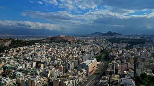 Panoramic Aerial View Of Athens Cityscape During Cloudy Day In Greece. Aerial Shot