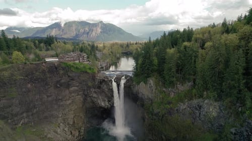 Waterfall Aerial Reveal Of Snoqualmie Valley And Mt Si
