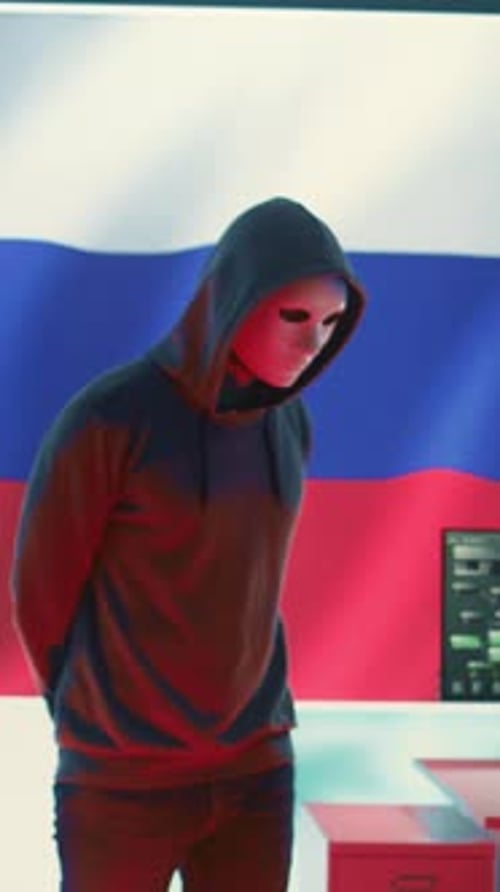 Vidéo verticale Un hacker russe dans un environnement informatique gouvernemental avec un drapeau russe