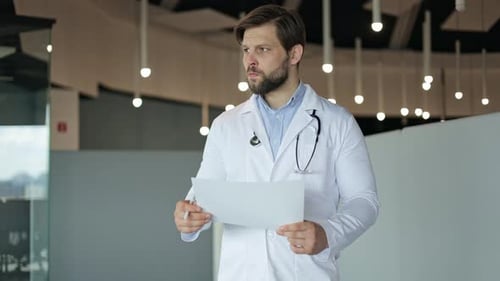 Serious Doctor Reading Medical Report in Hospital Hallway