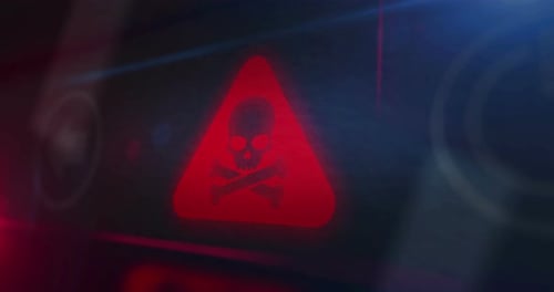 Glitching Digital Warning Sign with Skull and Crossbones Reveal