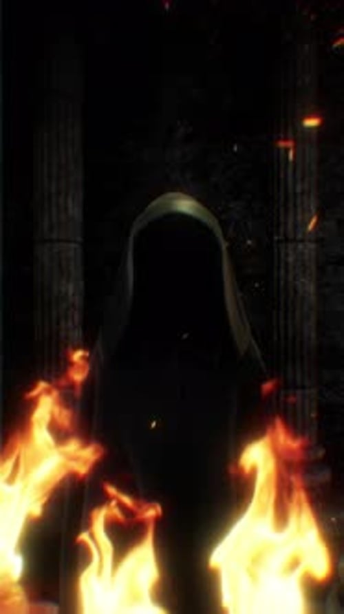 Mysterious Hooded Figure with Rising Flames Motion Graphic