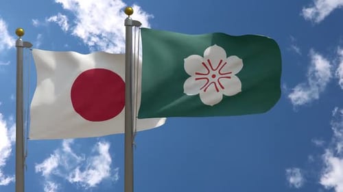 Japan and Aichi Prefecture Flags Waving Against Blue Sky