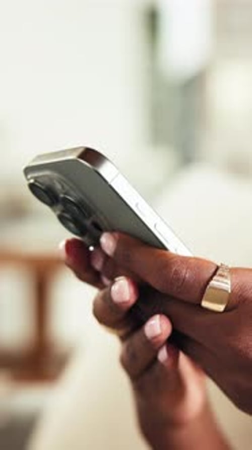 Home, hands and woman with smartphone, typing and social media with connection