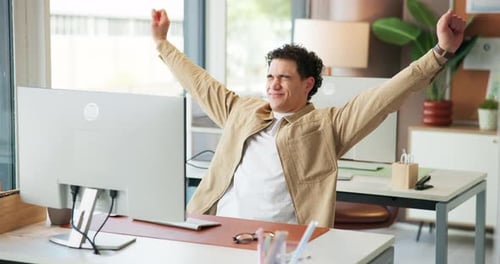 Creative, man and stretching with pc in office for work break, completed task and good news