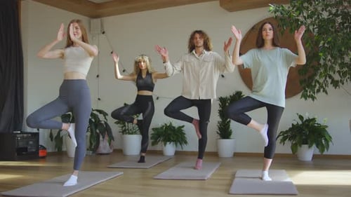 Experience a Group Yoga Practice at a Contemporary Studio Focusing on the Tree Pose for Improved