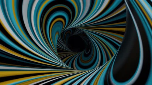 Seamlessly looped animation of abstract spiral tunnel formed by smooth yellow and blue stripes