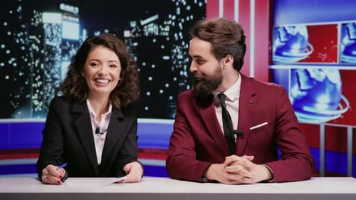 News Anchors Talking in Television Studio