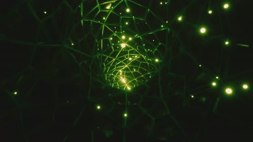 Neon green glowing dots flying through endless futuristic geometric tunnel. 3D