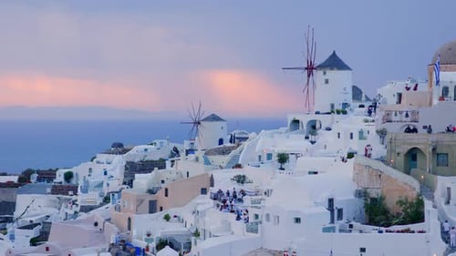 Oia's windmills at dusk, Santorini, Greece
