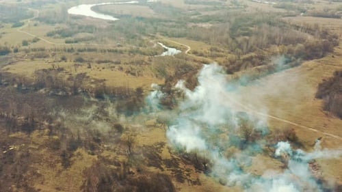 Aerial View Spring Dry Grass Burns During Drought Hot Weather Bush Fire And Smoke In Meadow Field