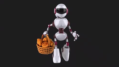 3D Animated Robot Character Delivering a Basket of Baked Goods