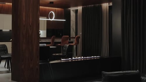 Stylish modern home interior with fireplace and bar