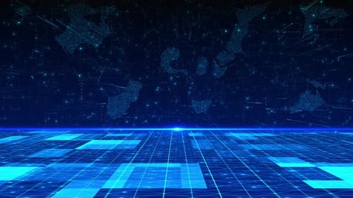 Digital World Map Technology Background with Grid and Flowing Data