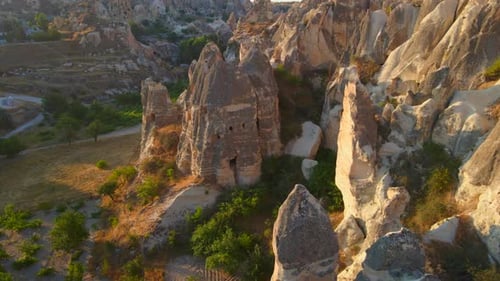 A Captivating Aerial Stock Video of the Cappadocia Region in Turkey Valleys with Houses Gracefully