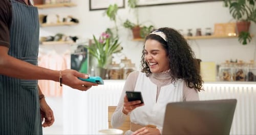 Woman, pos and phone for payment in coffee shop, ecommerce and transaction on electronic machine