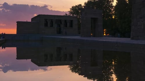 Timelapse of sunset at the ancient Egyptian temple ofDebod located it Madrid, Spain.