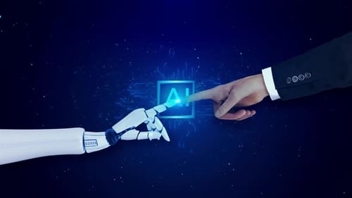 Concept of Artificial Intelligence Futuristic Technology Transformation Hand of Robot and Human