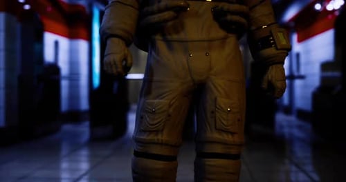 Astronaut Stands in Subway Station Illuminated By Blue Lights