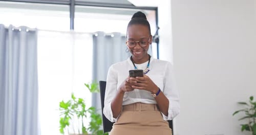 Black woman, phone and laughing at the office for funny post, social media or meme