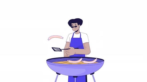 Animated Man Grilling Sausages on Barbecue Grill