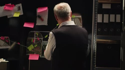 Detective Investigating Evidence on Crime Board