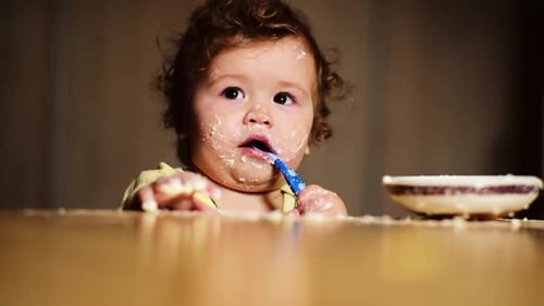 Baby Eats with a Spoon Child Have a Meal Hungry Little Kid Eating Kids Food Baby Porridge Little