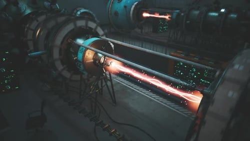 Advanced Scifi Laboratory Showcasing Energy Propulsion Technology at Night