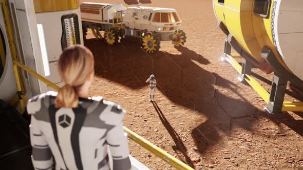 Astronauts Waving At Eachother Saying Goodbye On Mars Sci Fi Base While ...