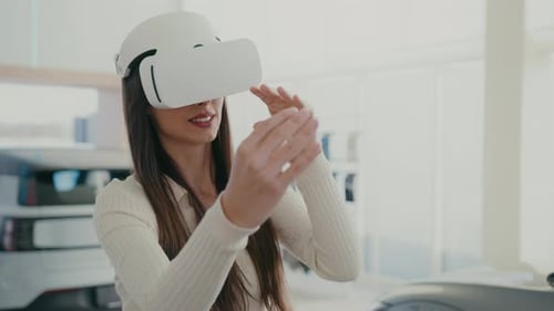 Young Girl Using Virtual Reality Headset While Visiting Car Dealership Modern Technology Business