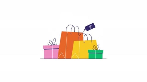 Animated Flat Design Shopping Bags and Gift Boxes with Discount Tag