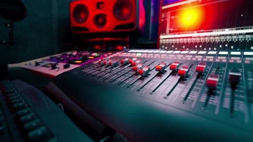 Close Up the Recording Room is Dark with Neon Lighting Prorecording Remote Control for Adjusting and