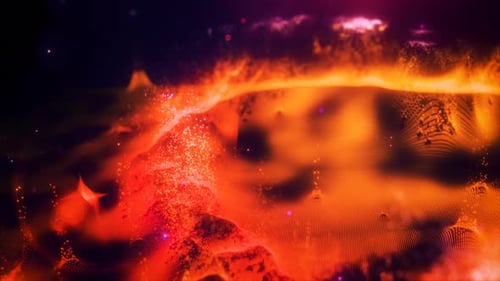 Abstract moving orange futuristic landscape of particles and dots of energetic magic with glow
