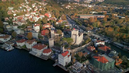 Aerial view of medieval fortress and houses along Bosphorus, Turkey.