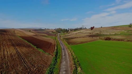 Ein Flug über bebaute Felder im Licht der Herbstsonne.