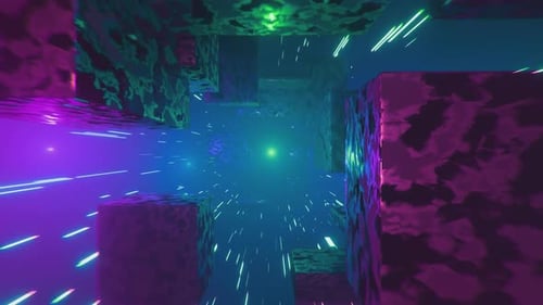 Glowing colorful cubic sci-fi bricks flying in endless futuristic tunnel