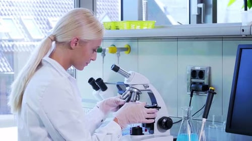 Scientist Working with Microscope in Bright Lab