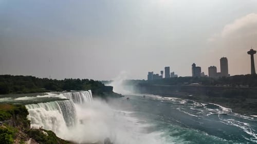 Niagara Falls Flowing with Canadian Cityscape in Background