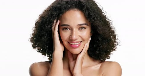 Face, skincare and happy woman with beauty, dermatology and aesthetic with confidence in studio