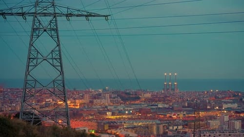Establishing Shot of Barcelona Skyline From West to East Barcelona City Streets Illuminated and