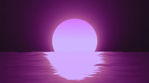 Abstract purple moon over water sea and horizon with reflections background