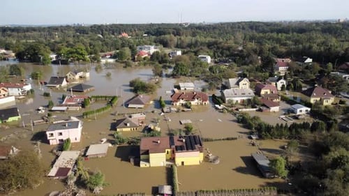 Ostrava neighborhood submerged by floodwaters after a major flood, Czech Republic