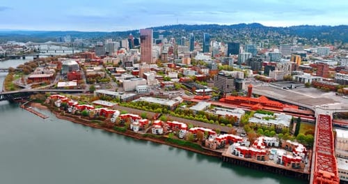 Approaching the waterfront of Willamette River with beautiful scenery of modern city.