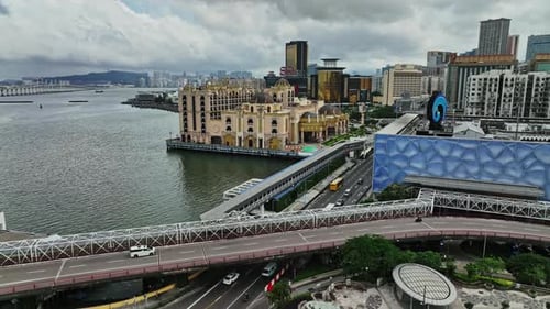 An aerial view of a city and a river