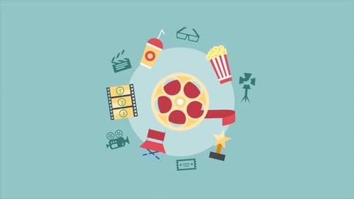 Animated Flat Design Icons: Film and Cinema Elements Reveal