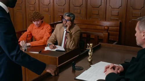 Attorney Representing Male Inmate in Prison Robe During Trial in Courtroom