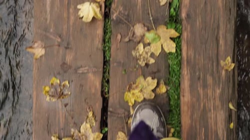 First Person View Walking on Wet Wooden Path