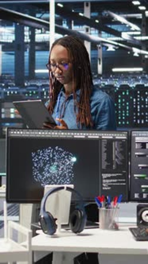 Vertical Video Portrait of Upbeat Server Hub Software Developer Using Node Tree Software
