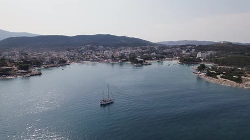 Panoramic aerial view over Ksamil coastal resort in Albania, Ionian coastline