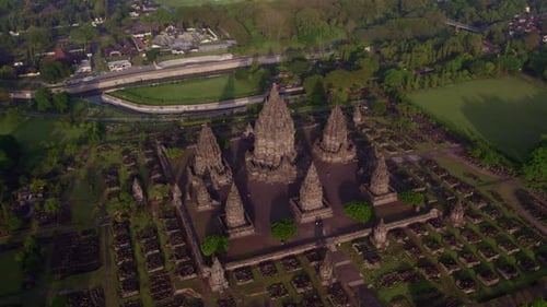 Aerial view of ancient Hindu temple complex at sunrise, Yogyakarta, Indonesia.